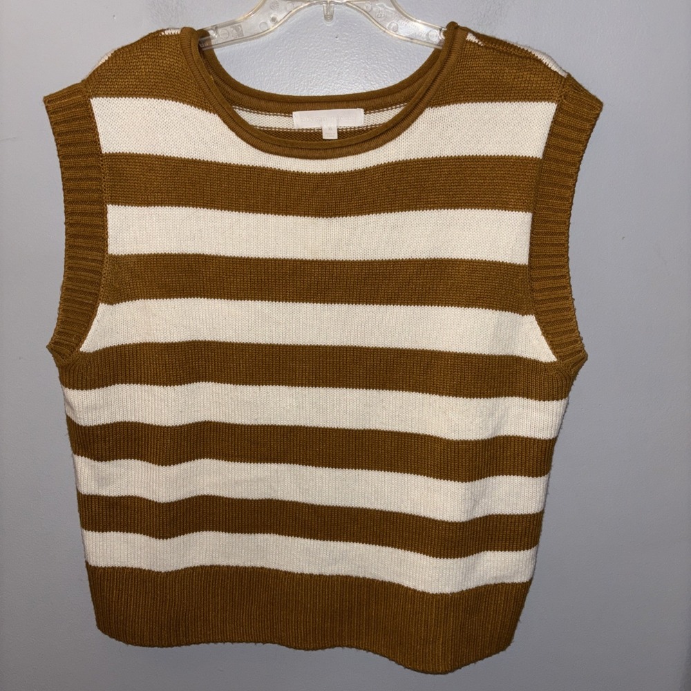 Adyson Parker Womens Sweater Vest Mustard Yellow White Striped Knit Pullover XL
